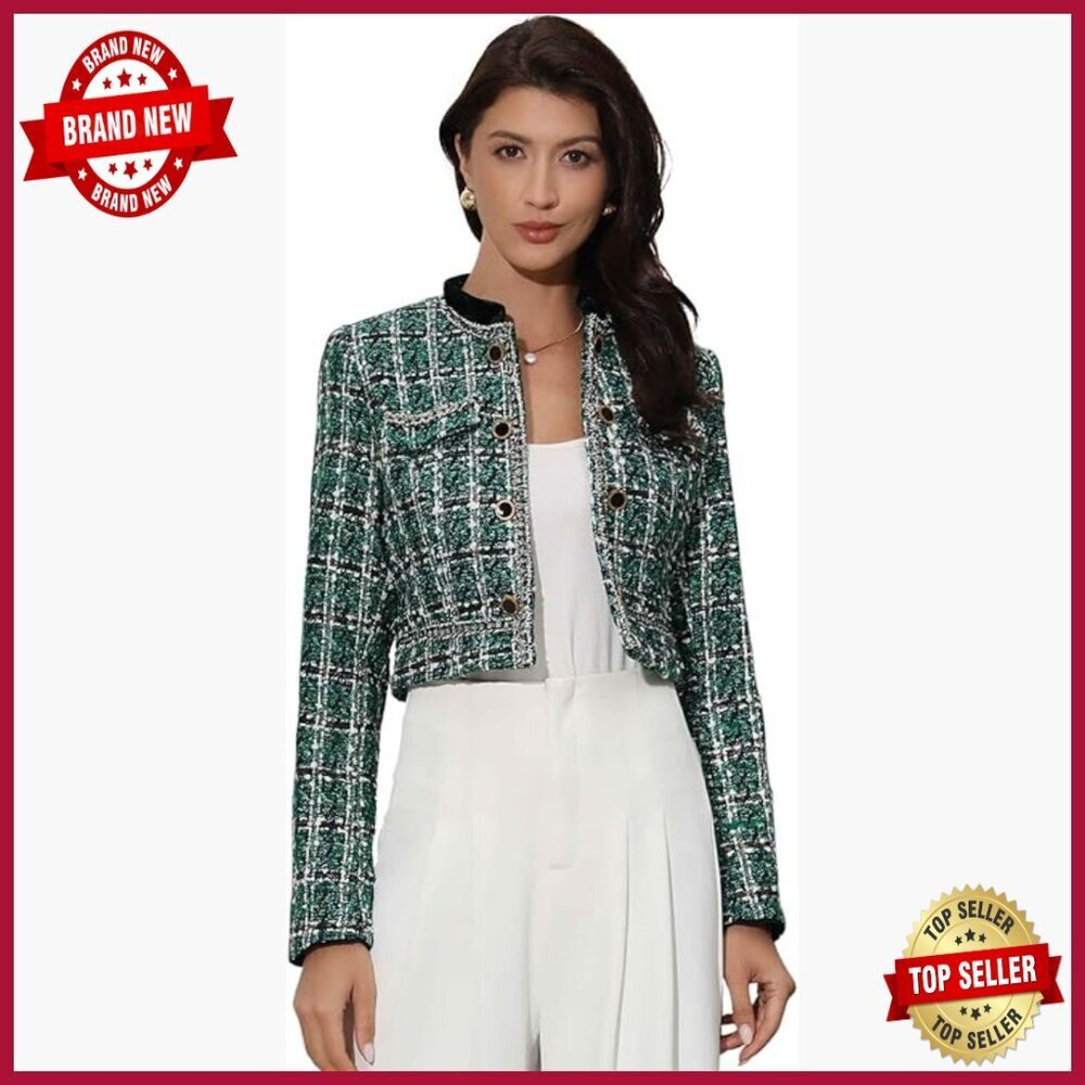 Tweed Plaid Cropped Blazer with Sequins, Open Front, Dressy Casual